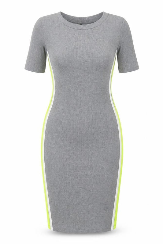 Front view of H&M women’s grey striped polyester bodycon, size S, crew neck pullover
