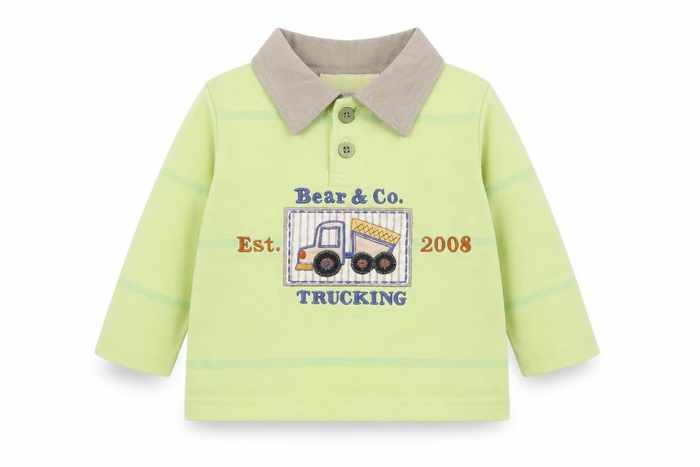 Front view of Ohm & Emmy Baby Green Cotton Basic Polo, size 3-6, Months Collared Button - Trucking
