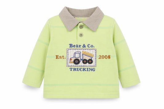 Front view of Ohm & Emmy Baby Green Cotton Basic Polo, size 3-6, Months Collared Button - Trucking
