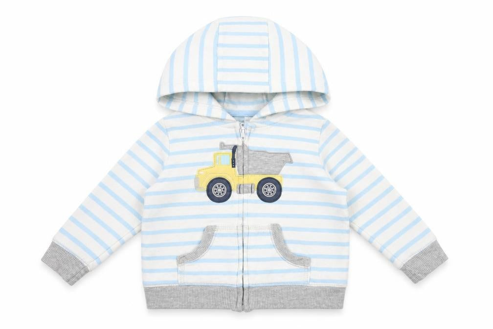 Front view of Carters boys’ white striped jacket, size 12, months zip - truck