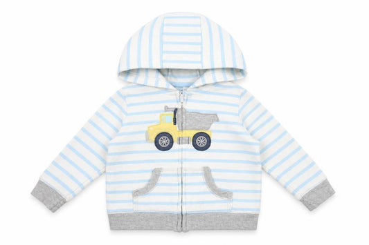 Front view of Carters boys’ white striped jacket, size 12, months zip - truck