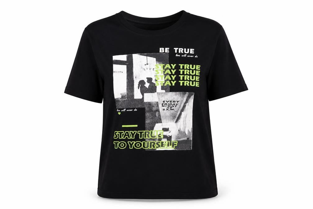 Front view of SHEIN women’s black polyester basic t-shirt, size L, crew neck - stay true
