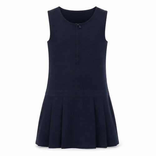 Marks and Spencer Girls Blue Polyester Pinafore/Dungaree Dress Size 9-10 Years Round Neck Zip - Schoolwear
