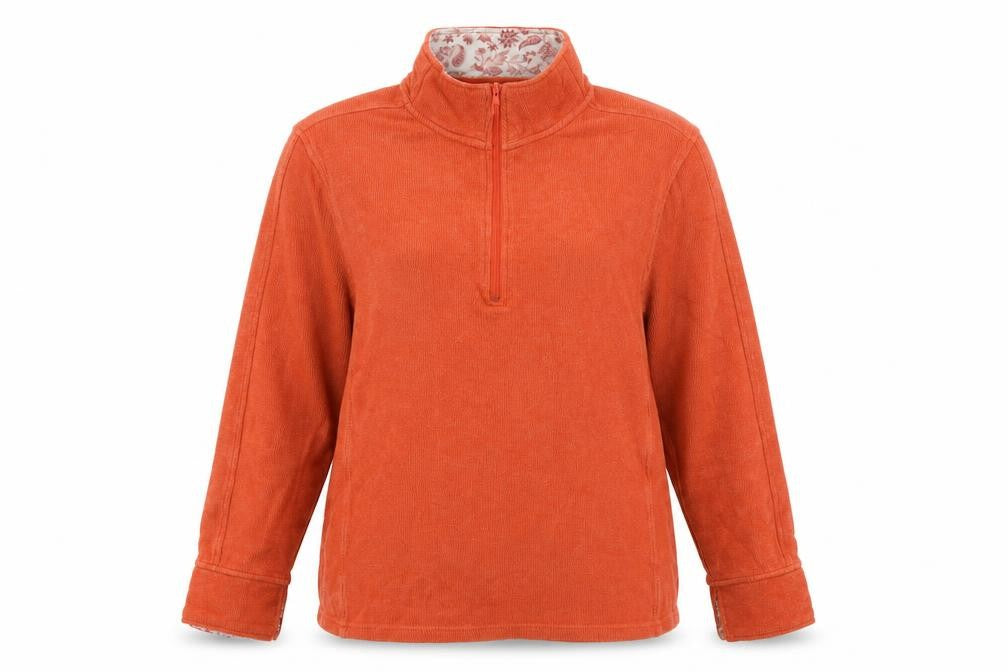 Front view of Orvis women’s orange high neck cotton jumper, size S