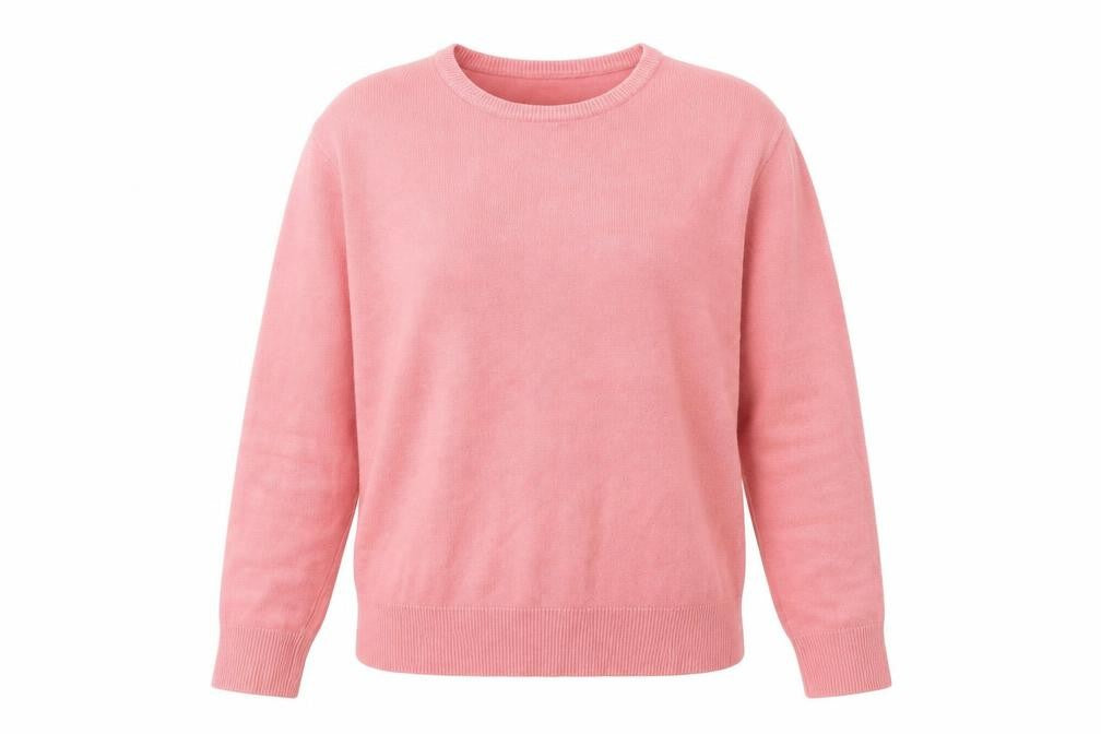Front view of Isabelle women’s pink round neck acrylic jumper, size M