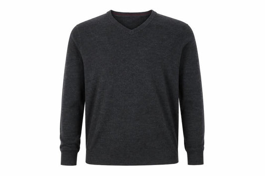 Front view of Easy men’s grey collared acrylic jumper, size L