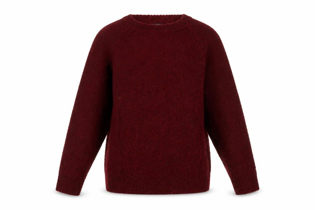 Front view of Studio women’s red round neck acrylic jumper, size UK 8