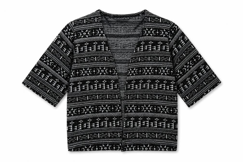 Front view of Atmosphere women’s black v-neck geometric polyester cardigan jumper, size UK 6