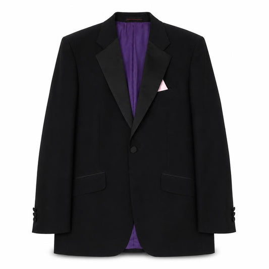 Front view of 1860 Menswear men’s black polyester jacket suit, size 38