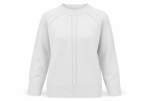 Front view of Damart women’s grey round neck acrylic jumper, size UK 10