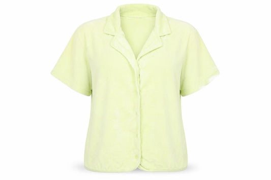 Front view of PRETTYLITTLETHING women’s green collared cotton cardigan jumper, size UK 10