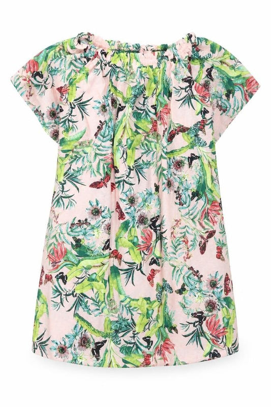 Front view of H&M women’s pink floral polyester a-line, size UK 4, off the shoulder pullover