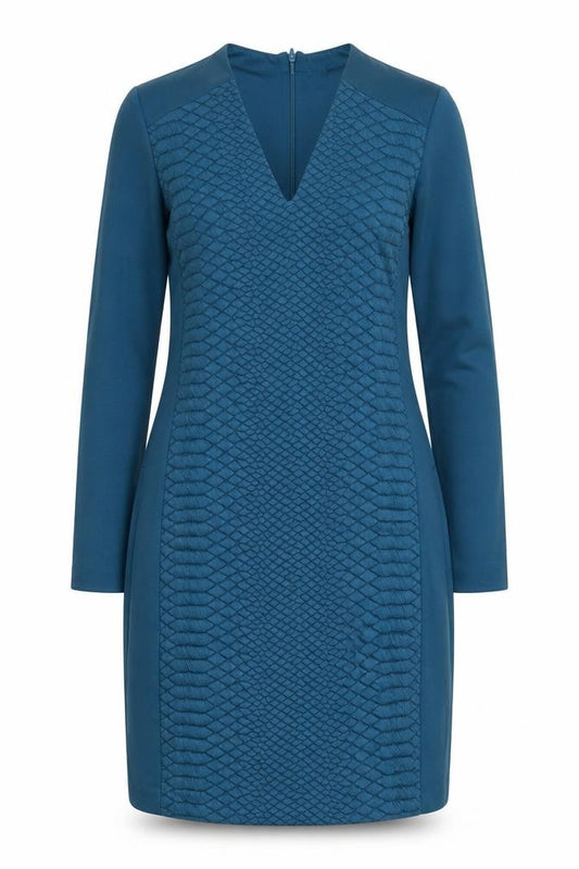 Front view of Sandwich women’s blue polyester shift, size S, v-neck zip