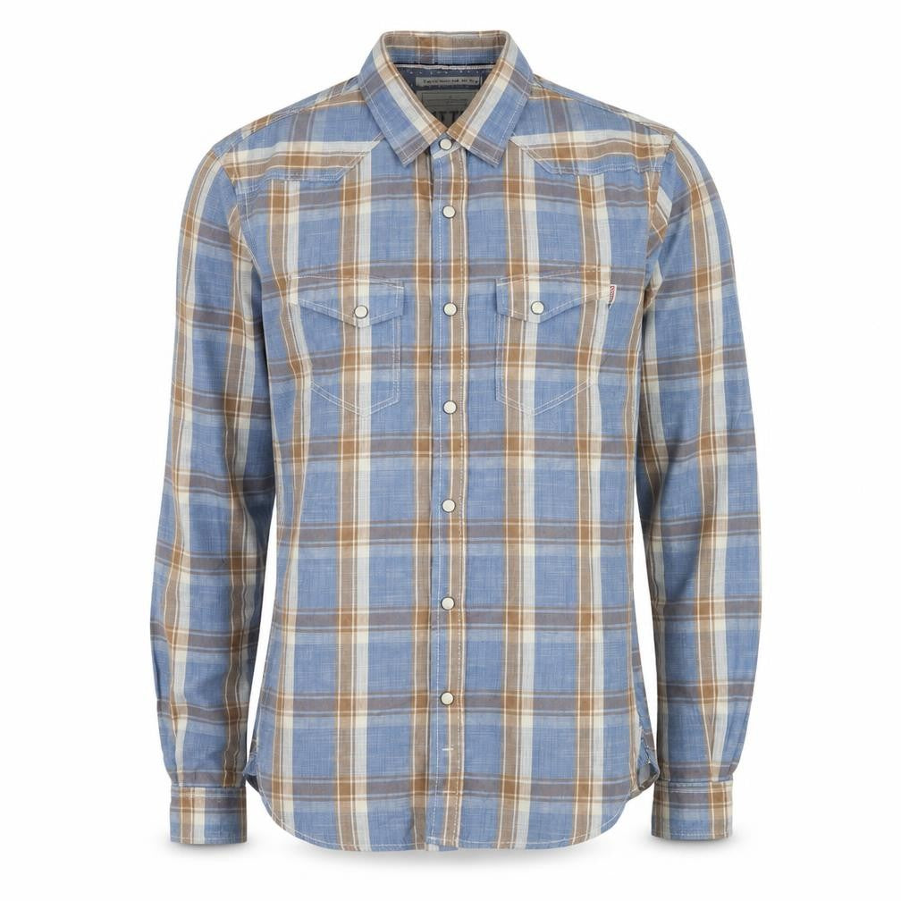 Front view of Tom Tailor men’s blue plaid cotton button-up, size S, collared button
