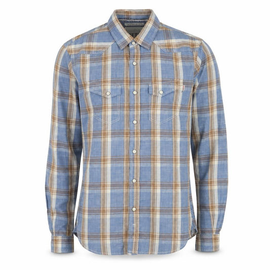 Front view of Tom Tailor men’s blue plaid cotton button-up, size S, collared button