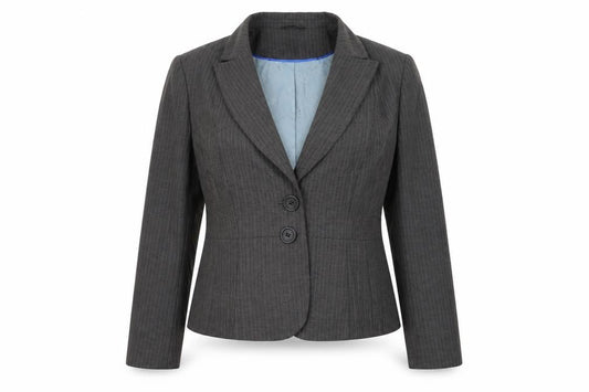 Front view of Autonomy women’s grey jacket blazer, size UK 18, button