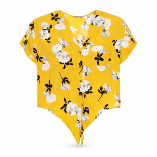 Front view of Dorothy Perkins women’s yellow floral viscose basic button-up, size UK 8, v-neck