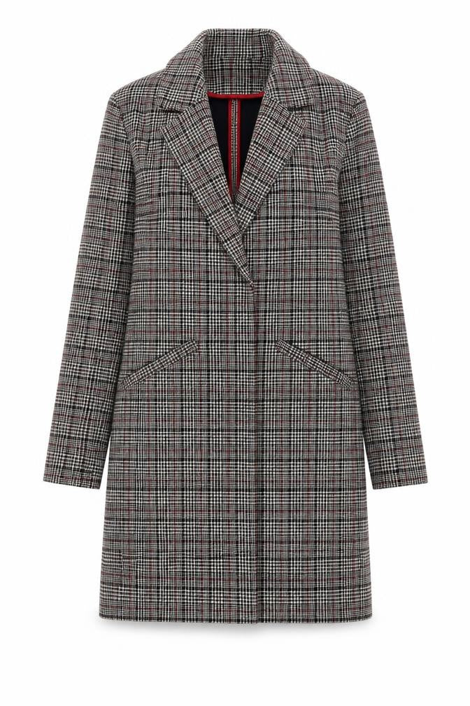 Front view of Primark women’s beige geometric overcoat coat, size UK 8, button