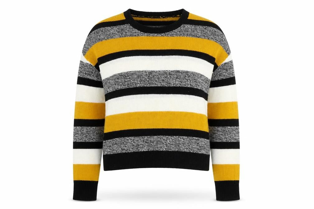 Front view of H&M women’s multicoloured round neck striped acrylic jumper, size L