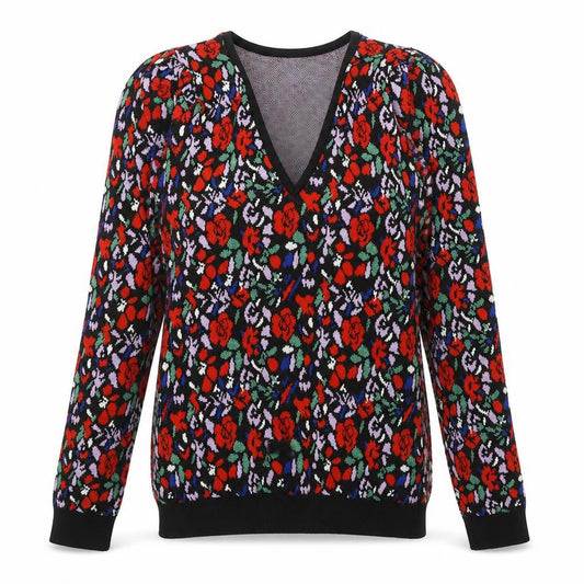 Front view of Savida women’s multicoloured v-neck floral polyester jumper, size XS