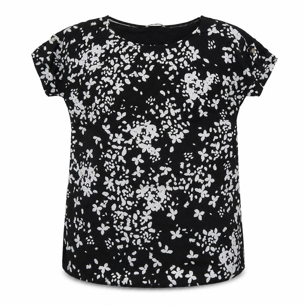 Front view of Tu women’s black geometric viscose basic t-shirt, size UK 10, round neck