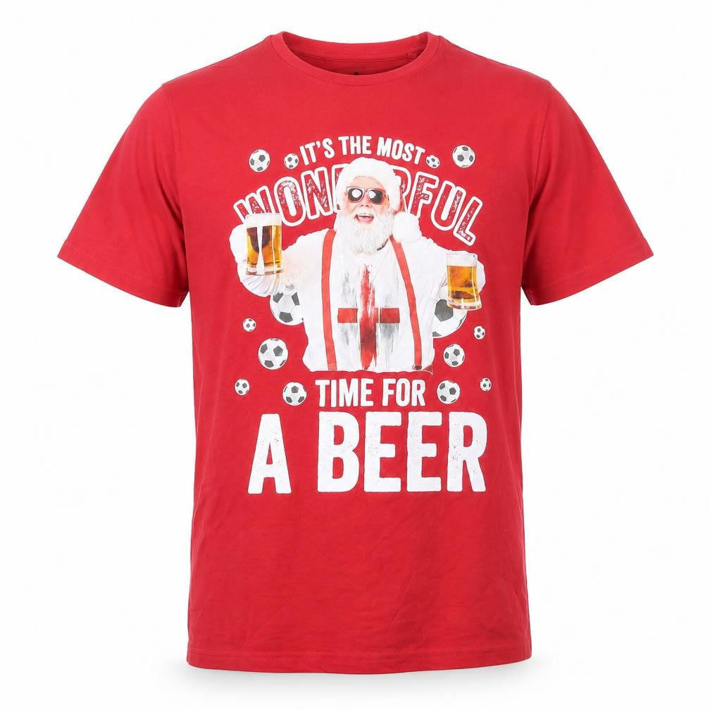 Preworn Mens Red Cotton T-Shirt Size M Round Neck - Most wonderful time for a beer Christmas