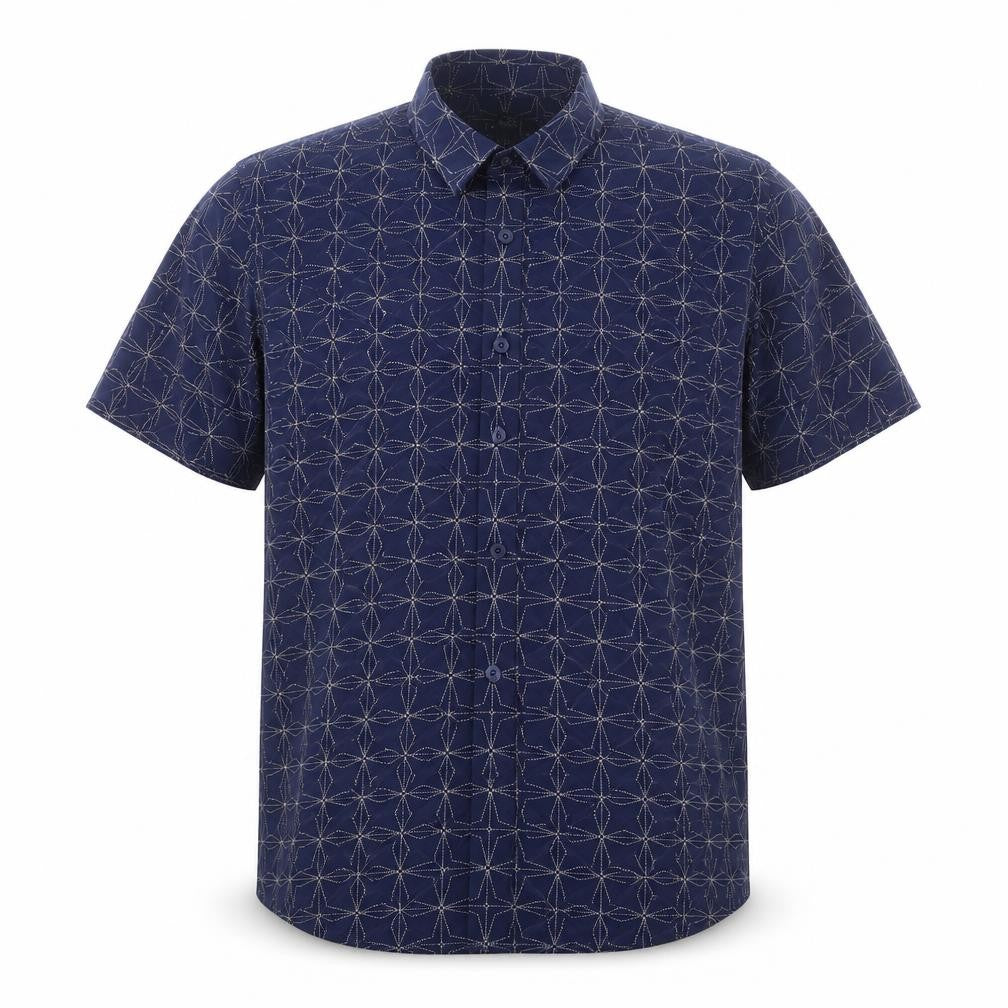 Front view of Forever 21 men’s blue geometric cotton button-up, size L, collared button