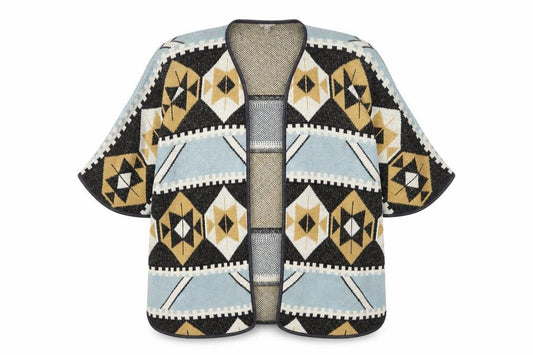 Front view of H&M women’s multicoloured v-neck geometric acrylic cardigan jumper, size UK 12