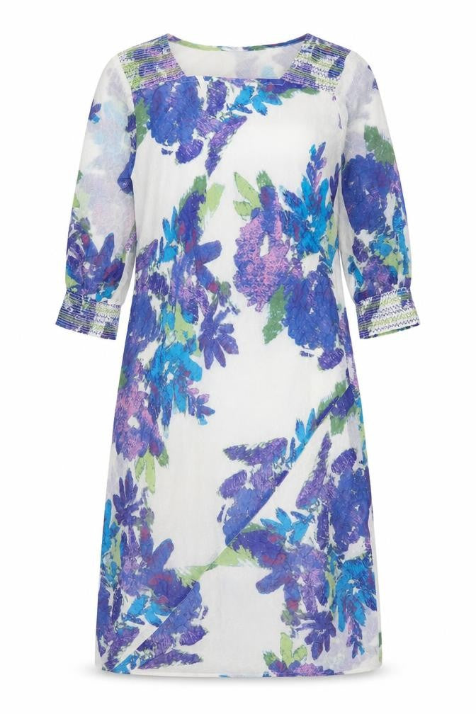 Front view of Adini women’s white floral polyester a-line, size M, square neck pullover