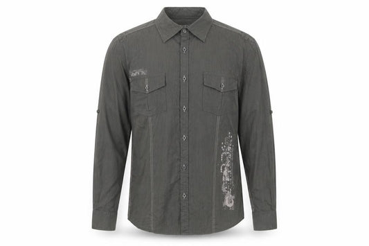 Front view of Matalan men’s green striped cotton button-up, size L, collared button
