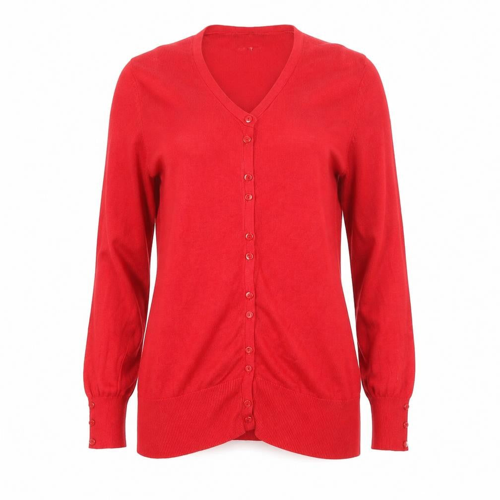 Front view of Simon Jeffrey women’s red v-neck rayon cardigan jumper, size M
