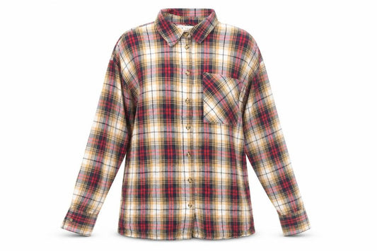Front view of Topman women’s brown plaid cotton basic button-up, size S, collared