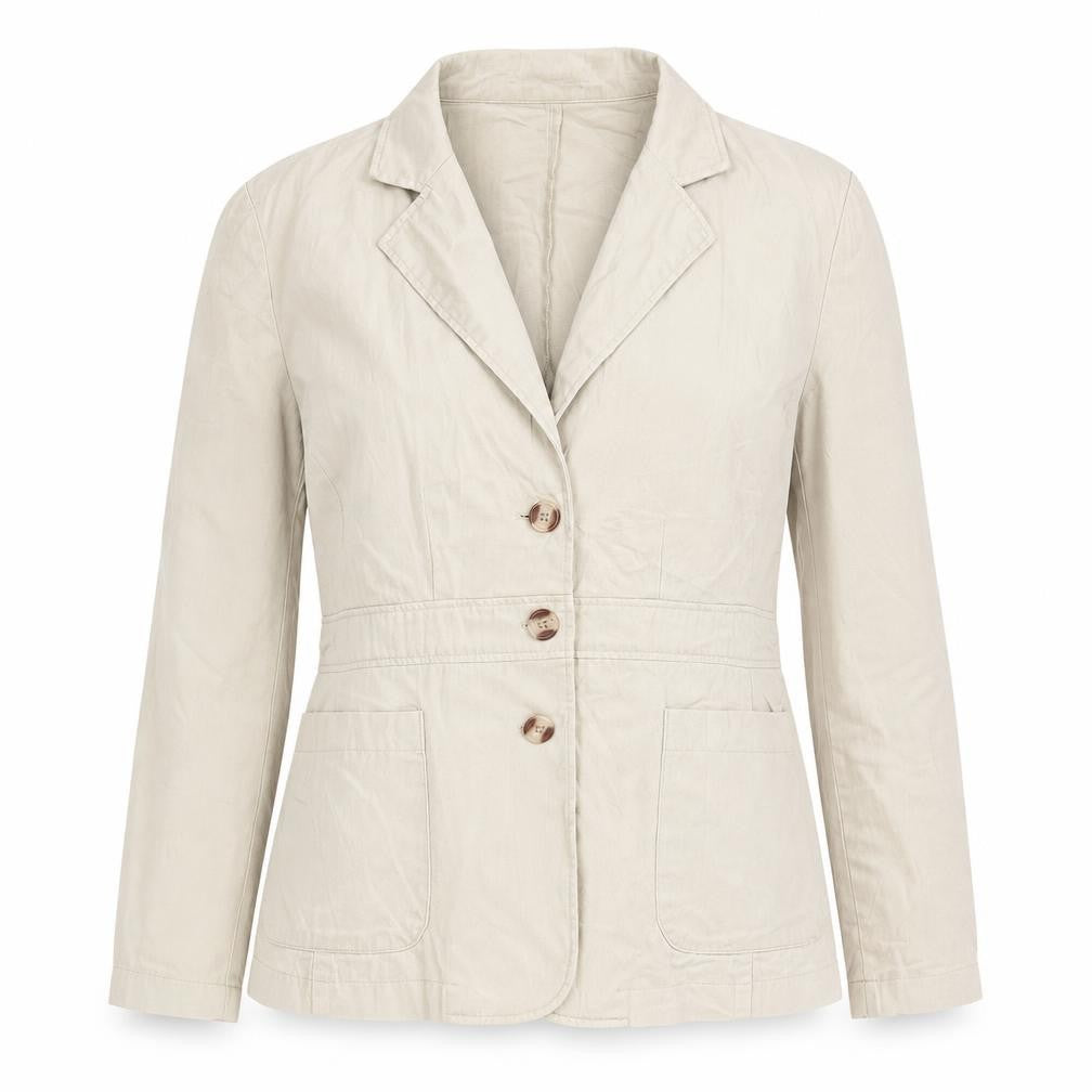 Front view of Modernwoman women’s beige 100% cotton jacket suit jacket, size UK 14