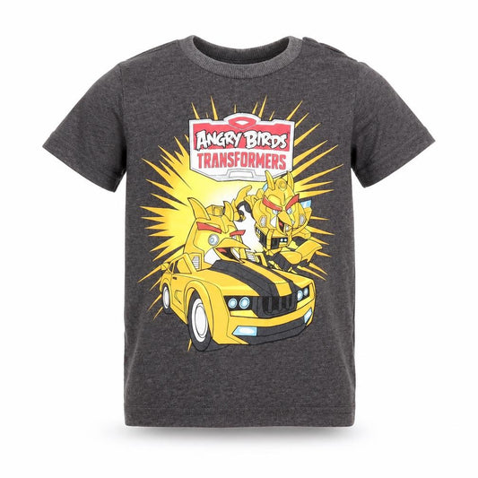 Front view of F&F boys’ grey polyester basic t-shirt, size 2-3, years crew neck pullover - angry birds transformers
