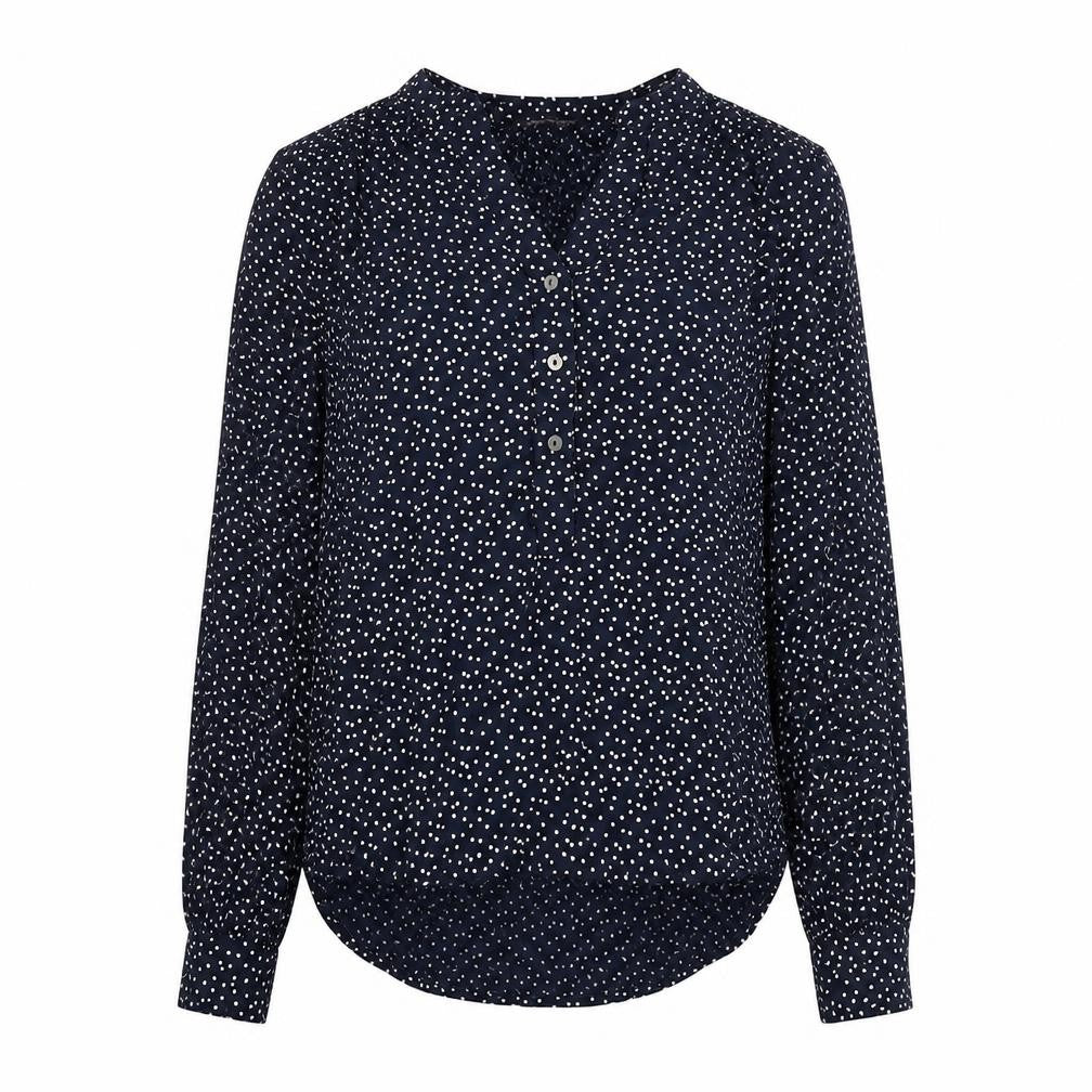 Front view of Marks & Spencer women’s blue polka dot viscose basic blouse, size UK 10, v-neck
