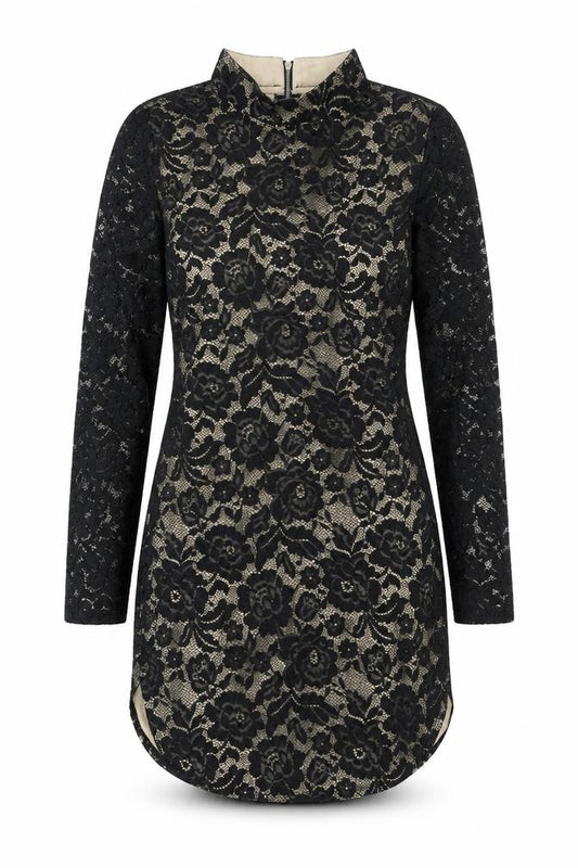 Front view of AX women’s black floral polyester bodycon, size UK 10, high neck - dipped hem