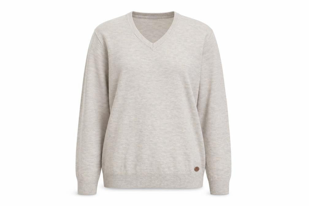 Front view of Cotton Traders women’s beige v-neck acrylic jumper, size L