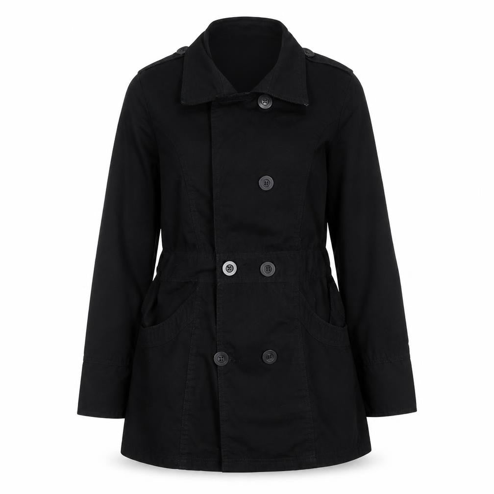 Front view of TG women’s black pea coat coat, size UK 10, button