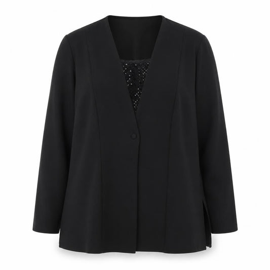 Front view of Design Essentials women’s black polyester basic blouse, size UK 16, v-neck