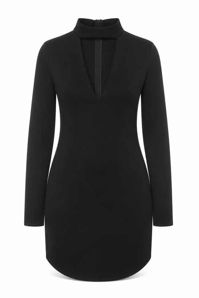 Front view of Missguided women’s black polyester bodycon, size UK 10, v-neck zip
