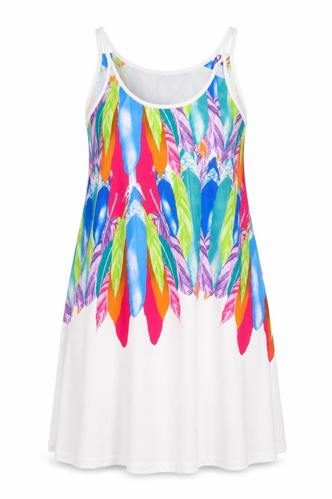 Front view of women’s multicoloured geometric polyester tank dress, size S, scoop neck pullover - feather print