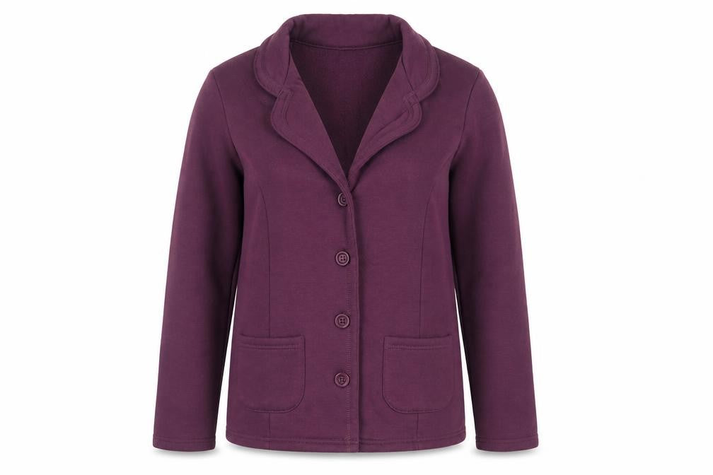 Front view of Damart women’s purple jacket, size UK 10, button - jersey cardigan