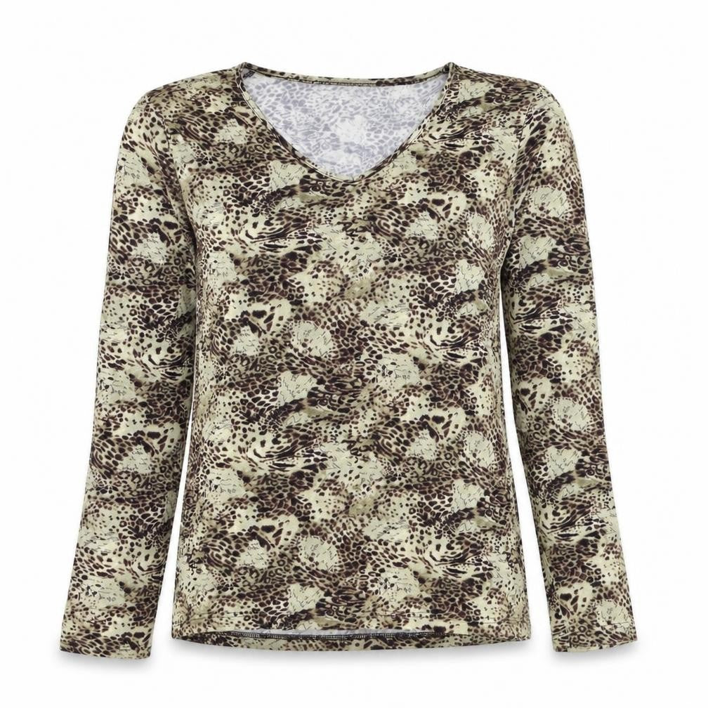 Front view of Affinites women’s brown animal print viscose basic blouse, size M, v-neck - leopard print