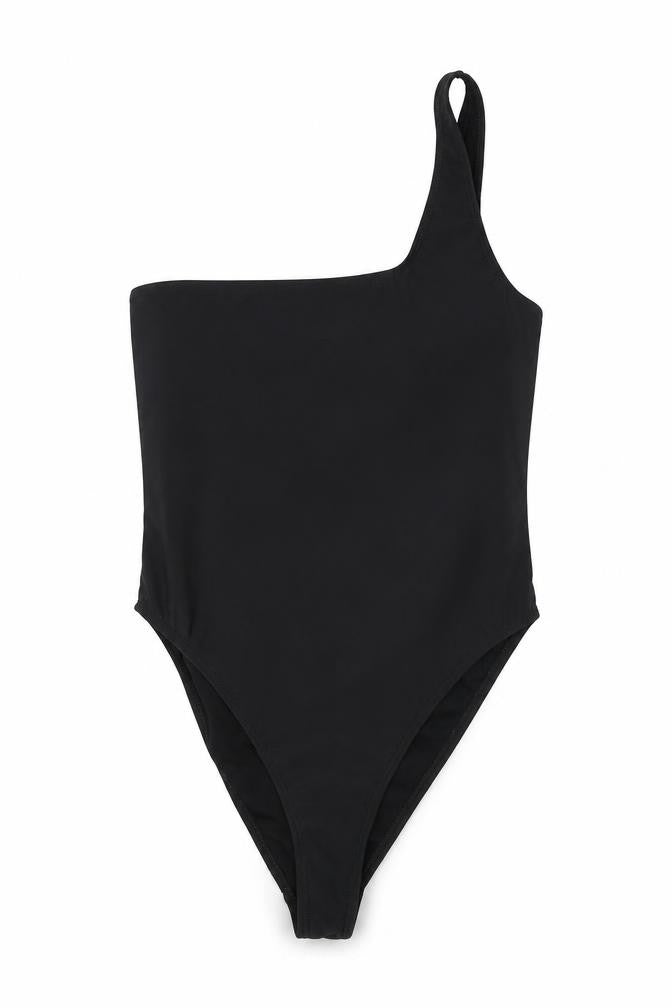Front view of Boohoo women’s beige polyester one piece, size UK 8, - one shoulder