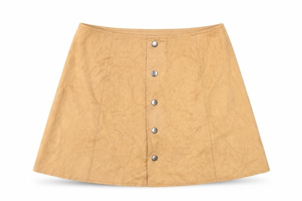Front view of Fashion Union women’s brown polyester mini skirt, size UK 8, button