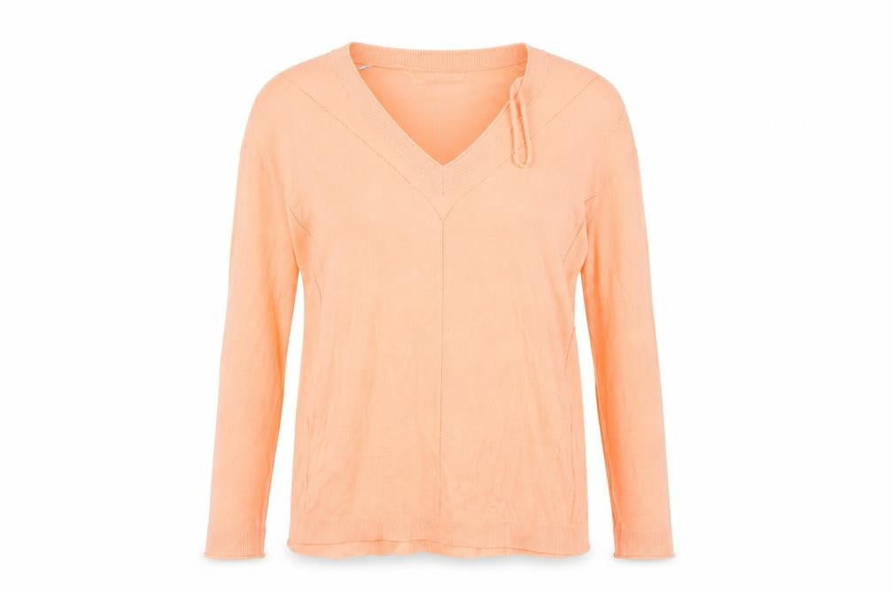 Front view of Next women’s orange v-neck viscose jumper, size UK 8