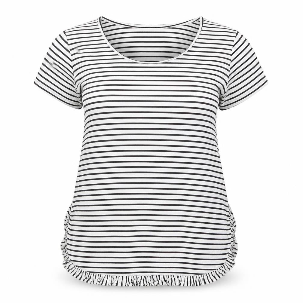 Front view of Next women’s black striped cotton basic t-shirt, size UK 10, round neck