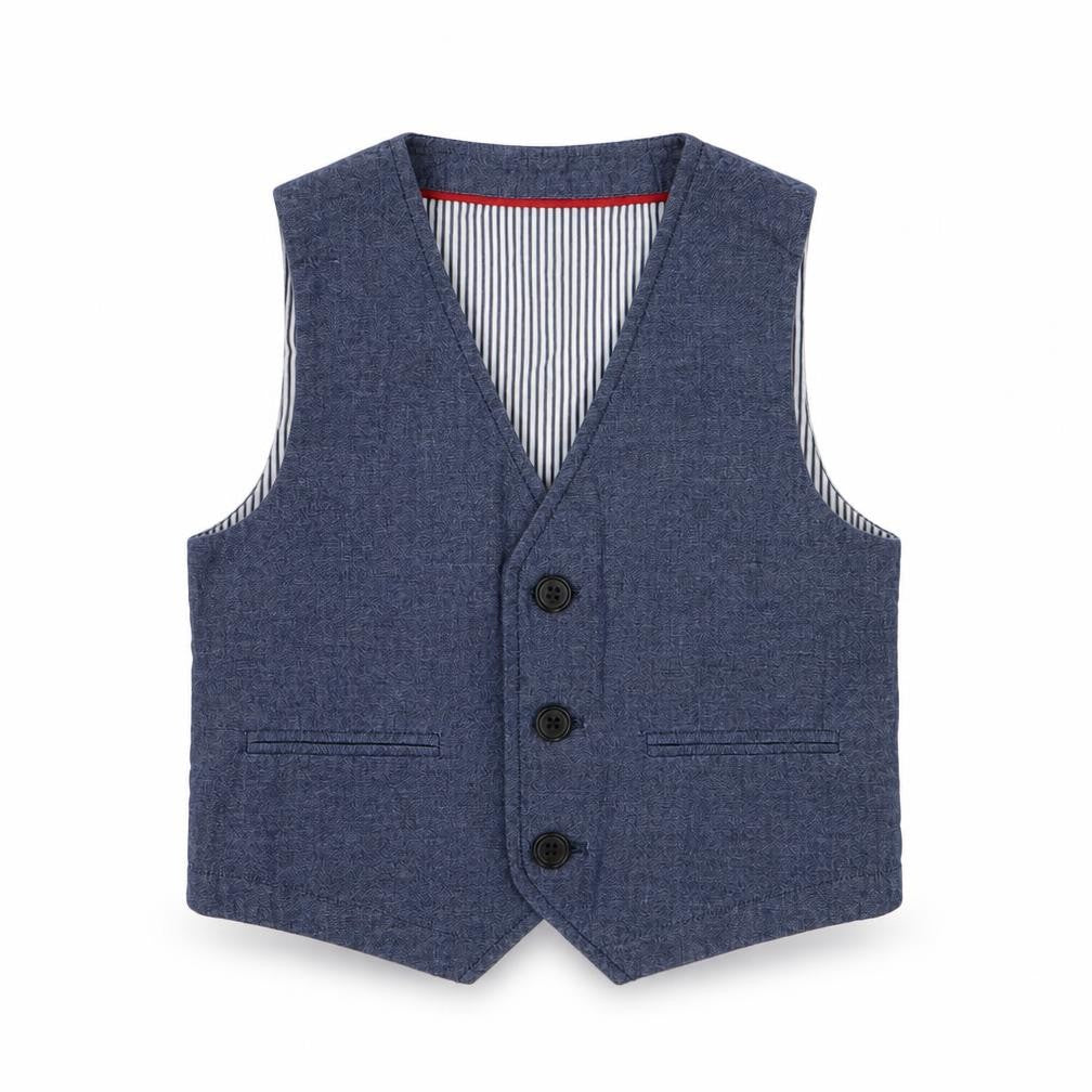 Front view of Autograph boys’ blue jacket waistcoat, size 2-3, years button