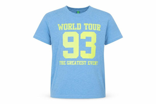 Front view of United Colors of Benetton boys’ blue cotton basic t-shirt, size 7-8, years round neck pullover - world tour 93