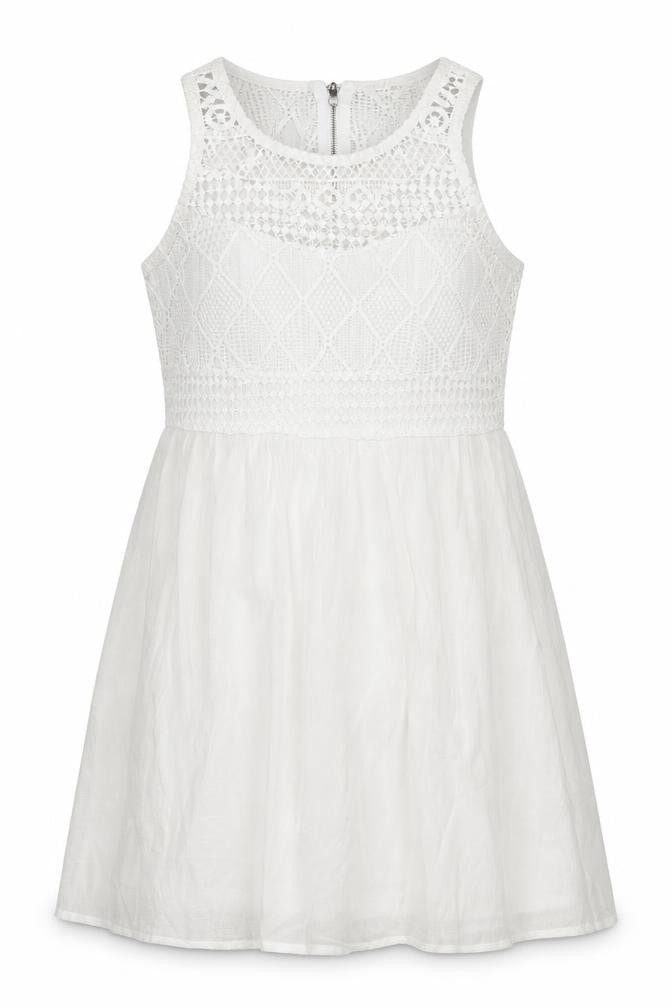 Front view of Rebellion women’s white polyester a-line, size M, round neck zip